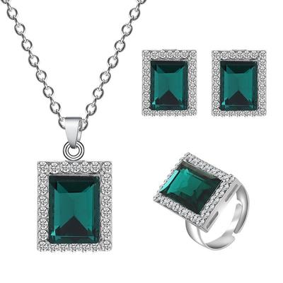 Fashion Trend, Simple Personality Flash Diamond Square Necklace, Stud Earrings, Ring Set Three-piece Set
