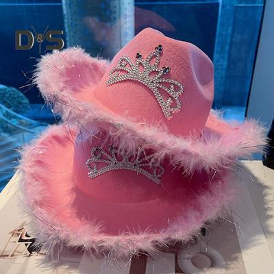 Cowgirl Hat Rhinestone Crown Decor Furry Ripped Edge Windproof Chin Rope Large Brim Sun Protection Retro Western Style Stage Show Performance Party
