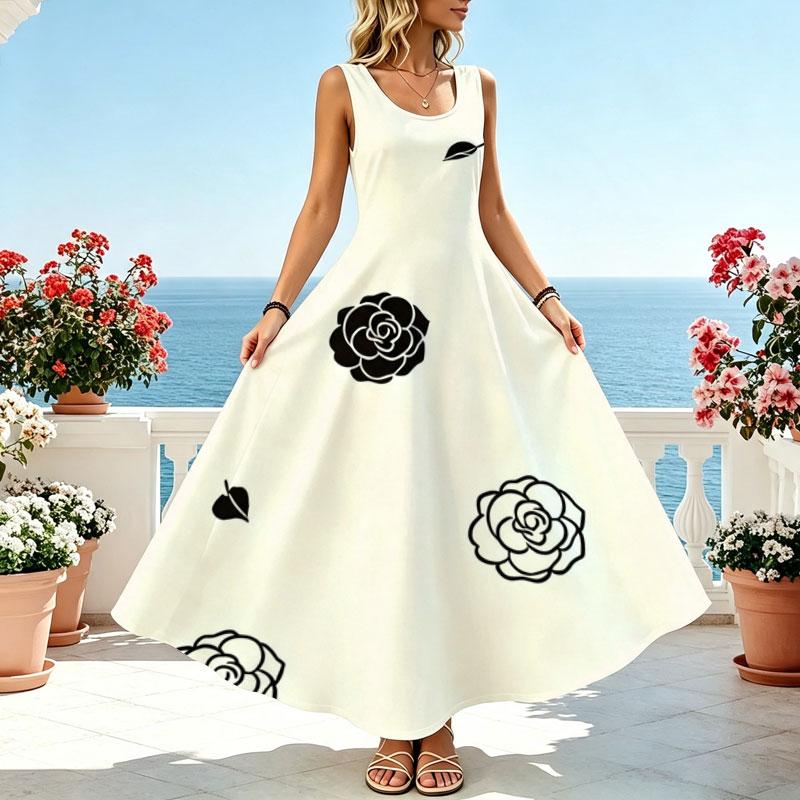 Floral Sleeveless Maxi Dress Floor Length,Flowy Skirt,Comfortable Fabric,Elegant Simple Design for Beach Vacation,Daily Wear & Travel Photos