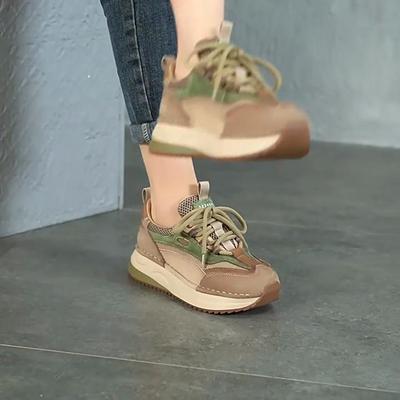 Johnature Sports Style Lace Up Casual Shoes Mixed Colors Genuine Leather Women's Shoes Lightweight Sneakers