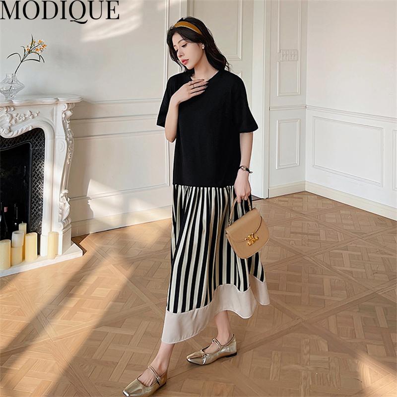 MODIQUE Sommerkleider für Damen in Übergröße, lockere, vielseitige A-Linie, Streifen, Patchwork, plissiertes Baumwoll-T-Shirt, lange Kleider für Damen, lässig, kurzärmelig, O-Ausschnitt
