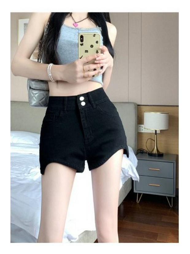 Women's High-Waist Black Double Buckle Denim Shorts - A-Line Petite Summer 2025 Trend
