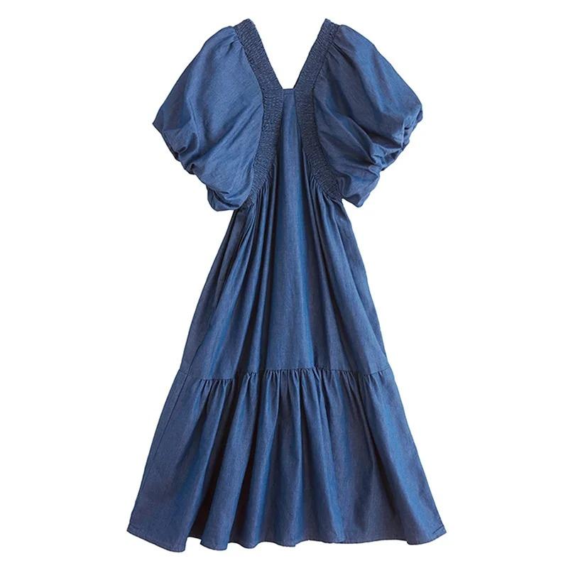 

XITAO Puff Sleeve Solid Color Pleated Female Dress ZMY1255 One Size синий