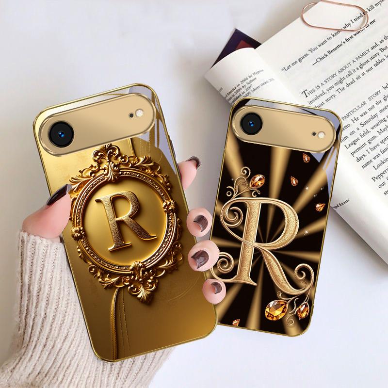 Gorgeous letter gold "R" For IPhone 17Pro Max 16 17 Pro 15 Pro 14 13 Plus 12 Mini 11Pro Max XR 16E 17Air Golden glass phone case