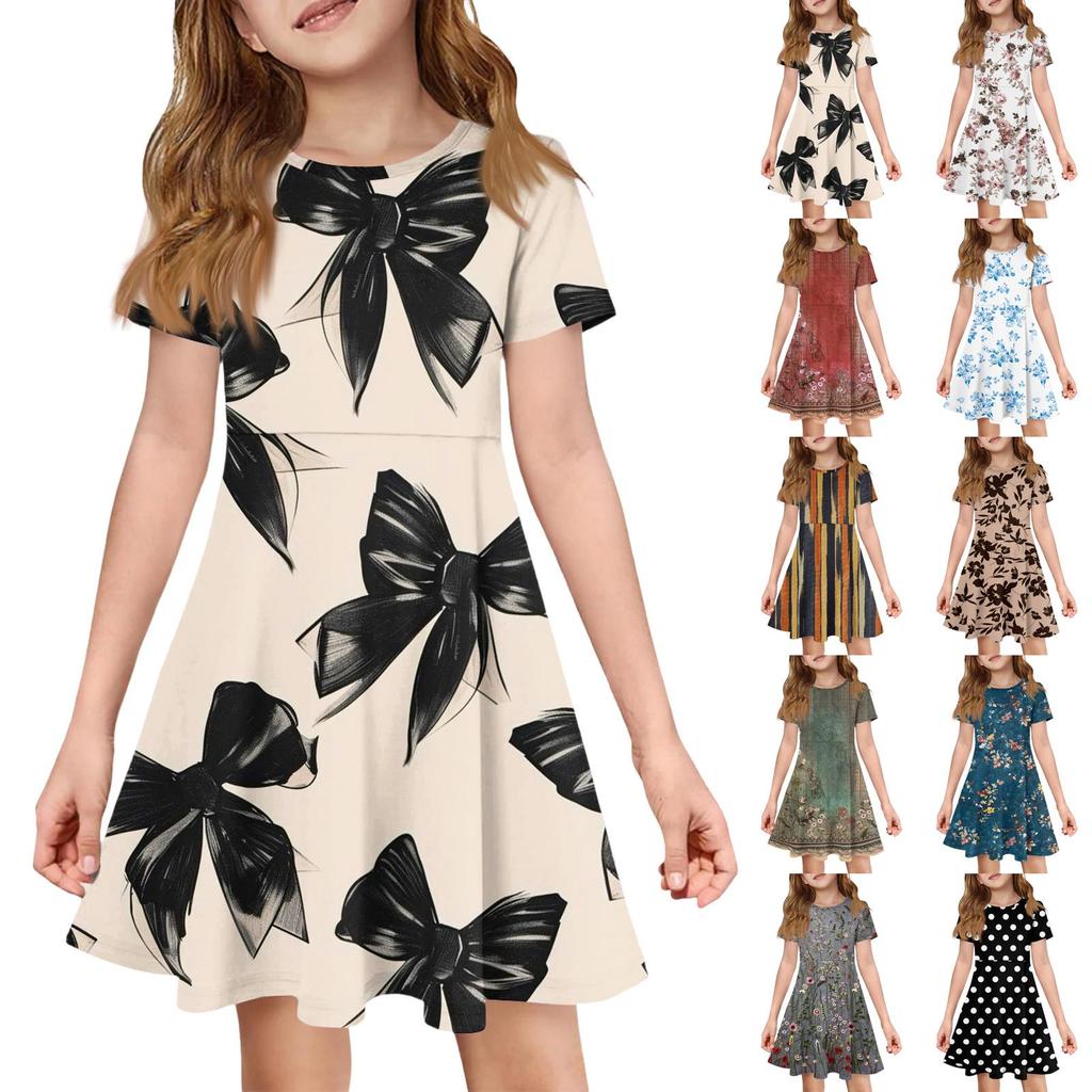 Girl Summer Dress Color & Print Short Sleeve Dress With Pocket Casual Dress Shorts Sleeve Party Dress Easter Day