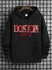 Men's Boston Print Casual Sweatshirt, Fashion Drawstring Hoodie, Comfortable Versatile Long Sleeve