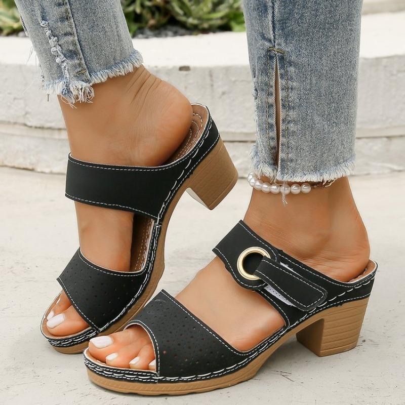 Papuci de vară cu toc înalt de dimensiuni mari pentru femei, pantofi cu toc gros cu bot pește, șlapi cu velcro cu o singură bandă