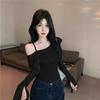 Korean Lotus Leaf Edge Diagonal Collar Suspender T-shirt Women's Autumn New Sweet and Spicy Fashion Temperament Thin Versatile Long-sleeved Top