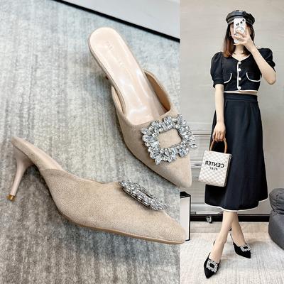 Fashion Pointed Toe Rhinestone Mules Women 2024 Summer Silk Mule Heels Sandals Luxury Sexy Thin Heels Party Slingback Slippers Women