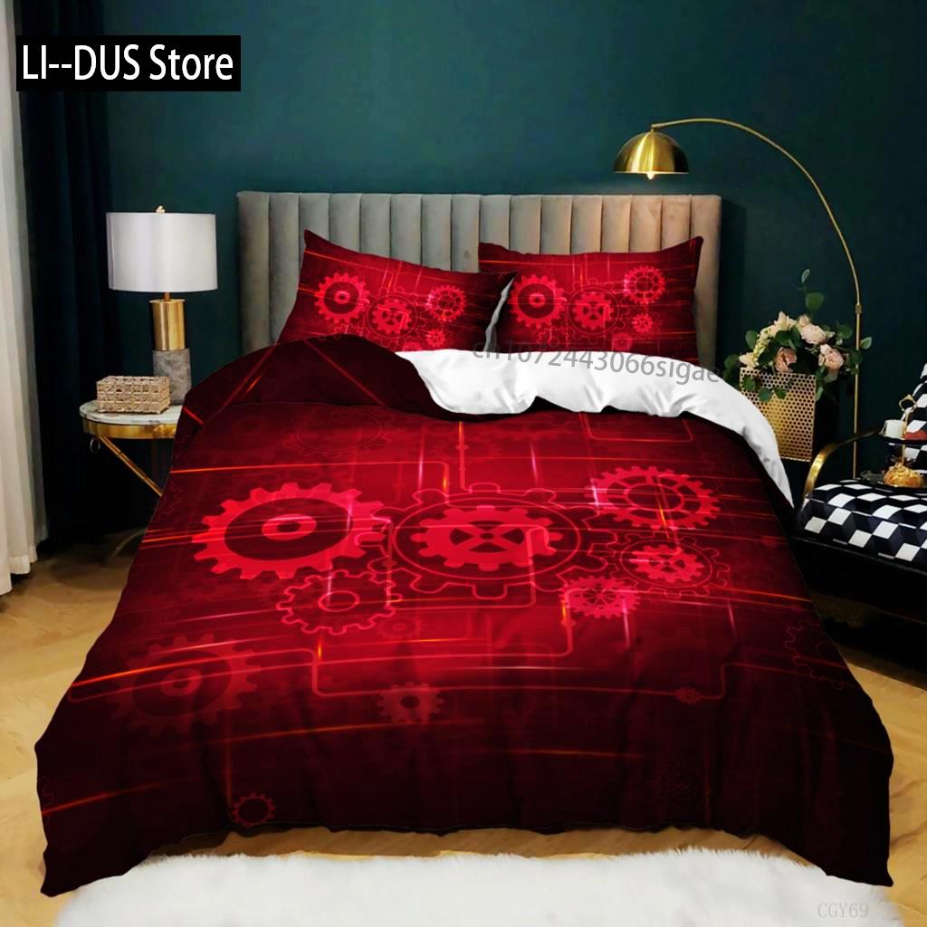 Gear Duvet Cover Set Colorful Gear Mechanical Device Bedding Set For Kids Boys Men Queen King Size Chic Microfiber Quilt Cover
