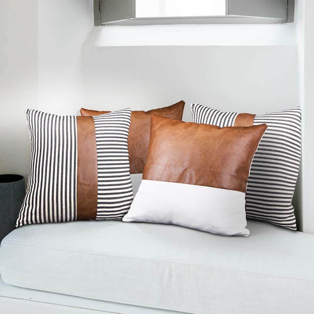 Modern Minimalist Style Leather Cotton Canvas Stitching Pillow B&B Hotel Sofa Home Decoration Cushion