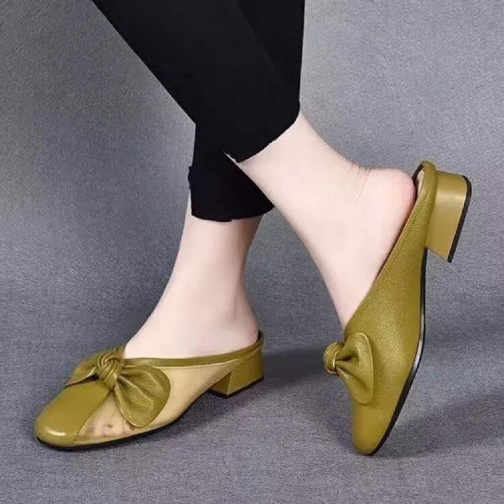 women fashion yellow round toe bow tie spring slip on square heel shoes lady classic black mesh breathable shoes ab640