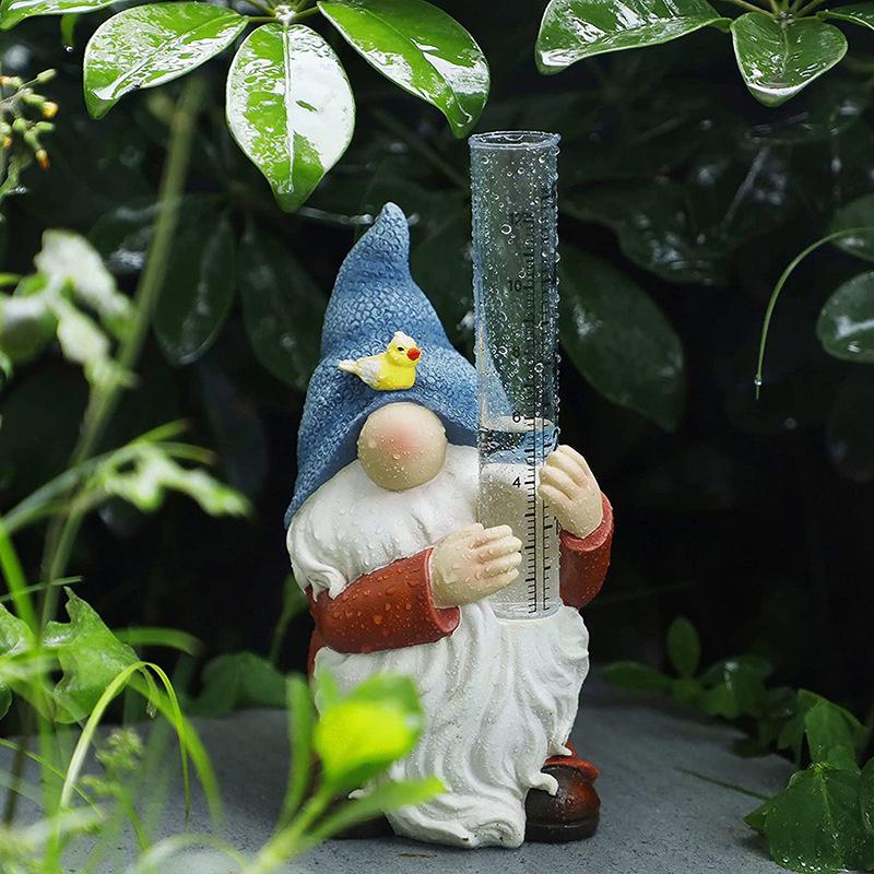 Resin Gnome Rain Gauges, Hand Painted Gnome Sculpture Water Gauge, Gnome Garden Statue With A Plastic Rain Gauge For Yard Fence