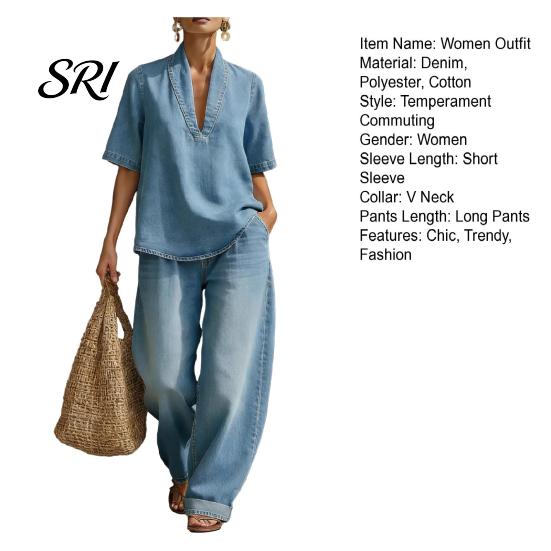 Loose Fit Summer Clothes Women's 2 Piece Denim Set Short Sleeve Lapel V Neck Pants And Top Wide Leg Tracksuit Casual Vacation Outfits with Pockets