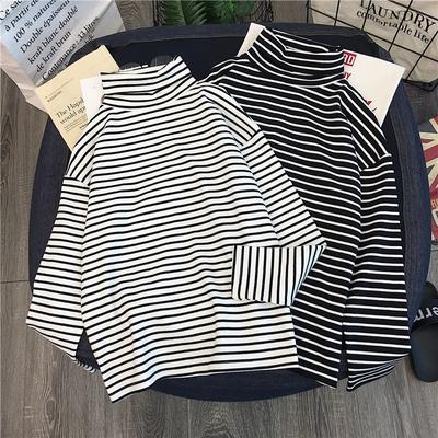 Turtleneck Uzun Kollu Tişörtler Kadın Çizgili Tişörtler Her Maç Bol Temel Üstler Rahat Kore Stili Mujer Moda Giyim İç Giyim