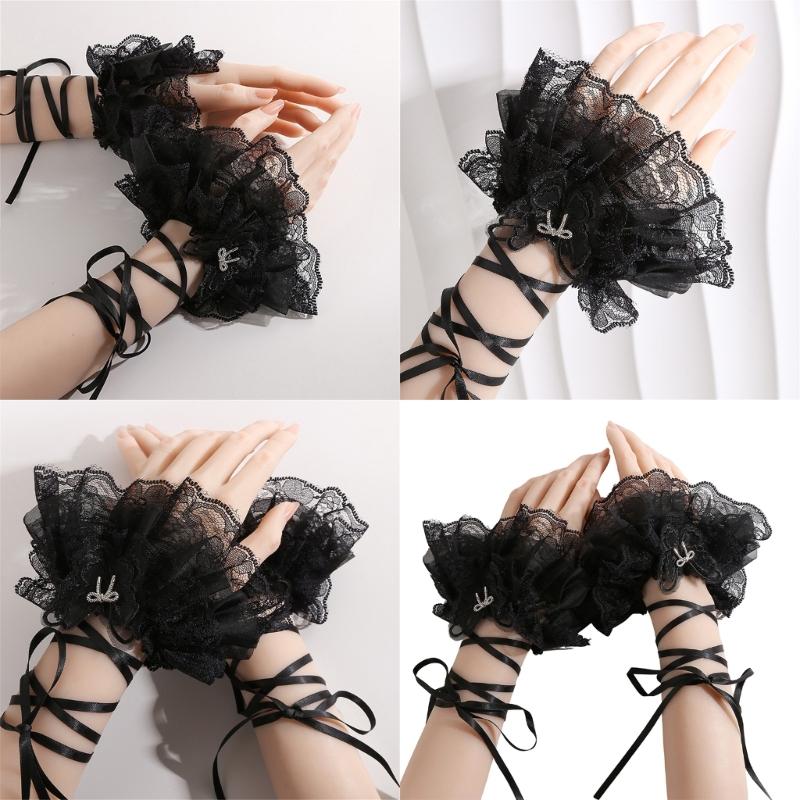 Lolitas Lace Gloves Layer Ruffle Hand Sleeves Elastic Bracelet for Halloween,Wedding,Party,Masquerade,Nightclub
