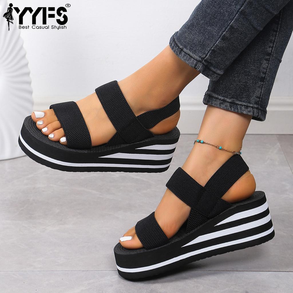 Women Black White Roman Sandals Thick Sole Faux Hemp Rope Design Perfect For Summer Style