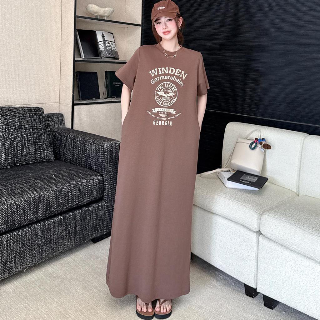 2026 Summer Fashion Women's Loose Short Sleeve Printed T-Shirt Dress - Over the Knee