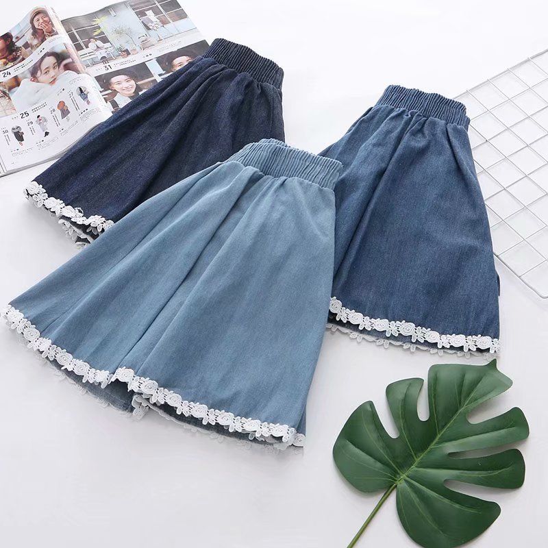 Female Elastic Waist Sweet Lace Patchwork Denim Short Skirt A-line Skirt Half Body Skirt Female