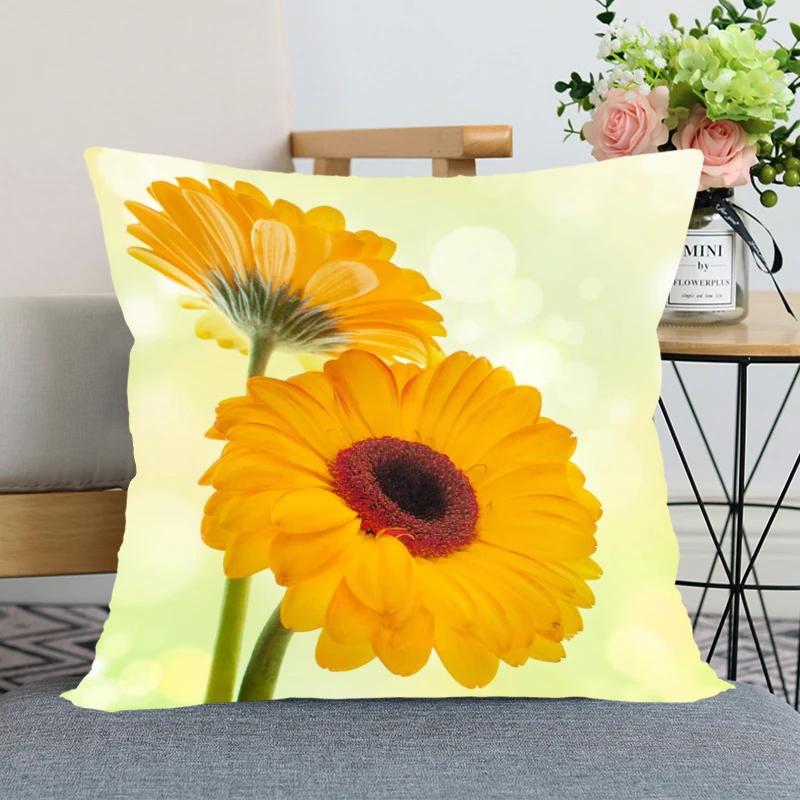 Neuankunft Gerbera Blumenkissenbezug Schlafzimmer Home Office Dekorative Kissenhülle Quadratisch Reißverschluss Kissenbezüge Satin Weich Kein Ausbleichen