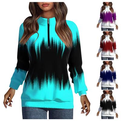 Ladies Gradient Printed Collar Zipper Long Sleeve Winter Half Turtleneck Sweatshirt