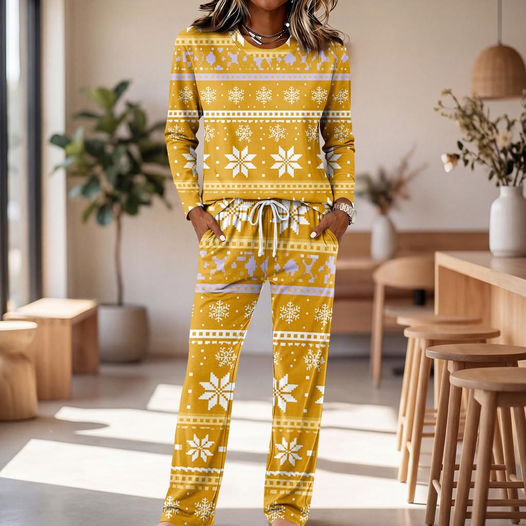 Pajama Set with Round Neck Long Sleeve Top and Wide Leg Pants for Casual Home Wear