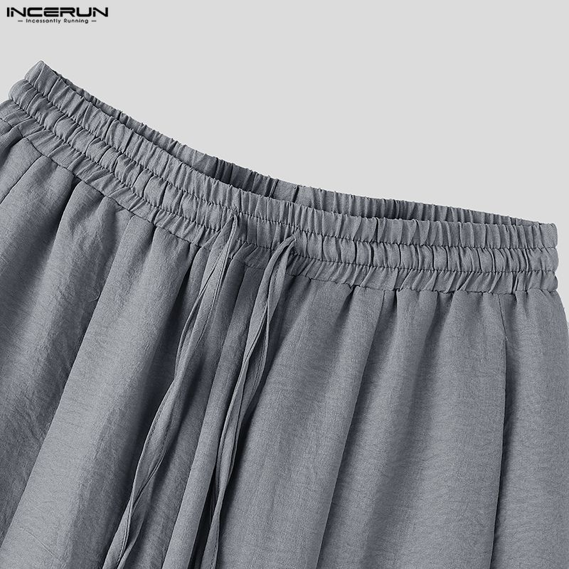 INCERUN Men Drawstring Elastic Waist Flimsy Drapey Casual Long Wide Leg Pants Trousers