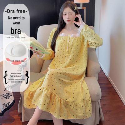 Unique Polka Dot Long-Sleeve Nightgown with Chest Pads - 2025 Spring/Autumn Collection, Versatile for Home or Out