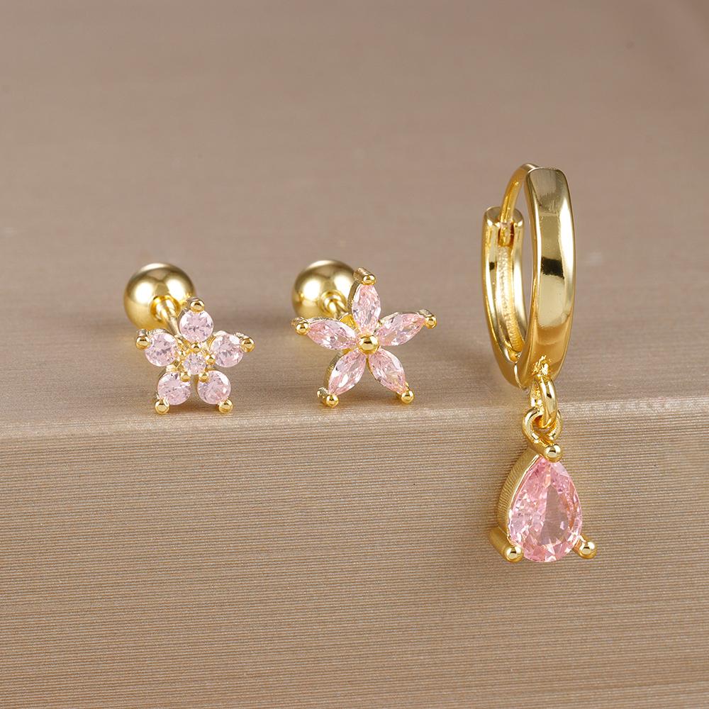 

3pcs Stainless Steel Square Pink Zirconia Earrings Set For Women Small Helix Screw Cartilage Piercing Party Jewelry Accessories