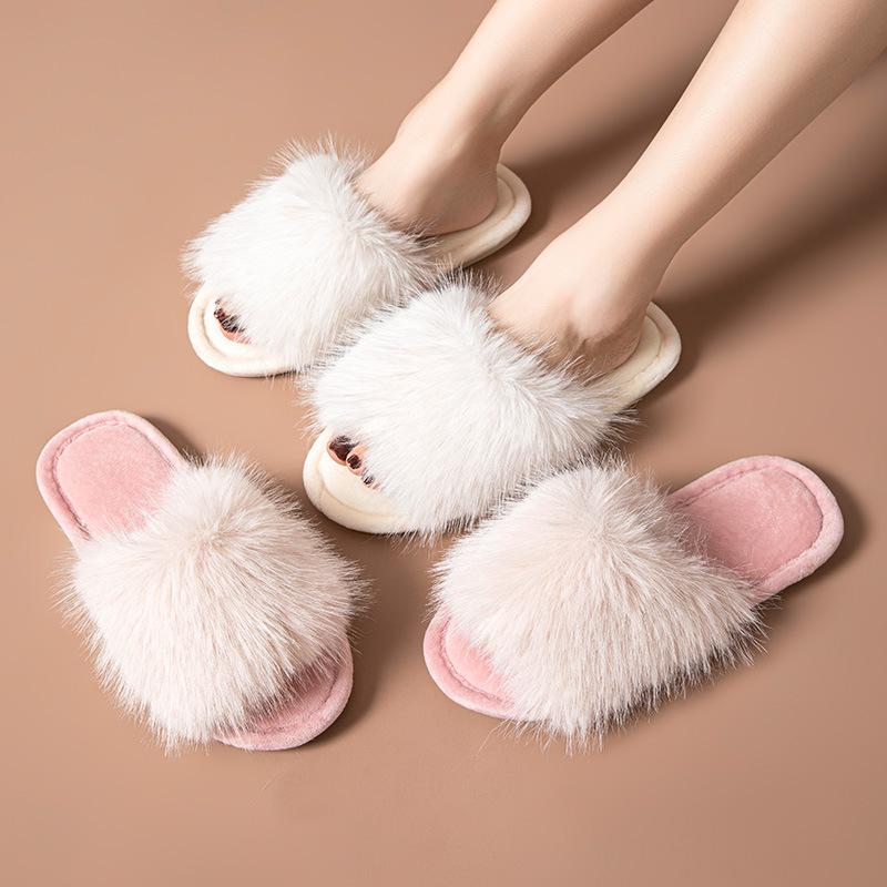 Ins Open Plush Slippers Home Less Plush Slippers Indoor European and American Plush Slippers