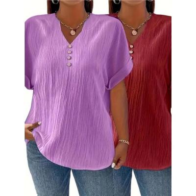 Großgröße Damen Lässiges T-Shirt Elegant Einfarbig Kurzarm Knopfleiste Mode Vier Jahreszeiten Neu