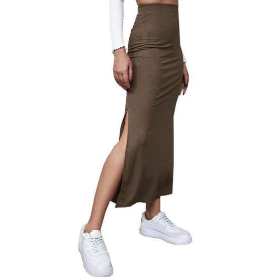 Dámska rebrovaná bodycon sukňa s rozparkom, vysoký pás, ceruzková sukňa, obopínajúca boky, úzky strih, dlhá sukňa, sukňa pre kancelársku dámu, pracovná sukňa