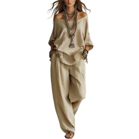 

Two Piece Matching Lounge Sets for Women Casual Off Shoulder Long Sleeve Top And Wide-Leg Pants Summer Boho Outfits S хакі