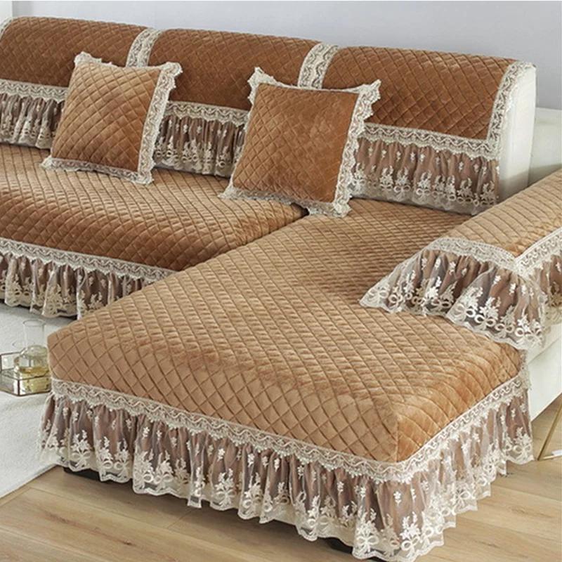Velvet Sofa Cover Embroidery White Jacquard Lattice Towel Couch Anti-slip Armrest Backrest Sofa Coushion Living Room Seat Cover