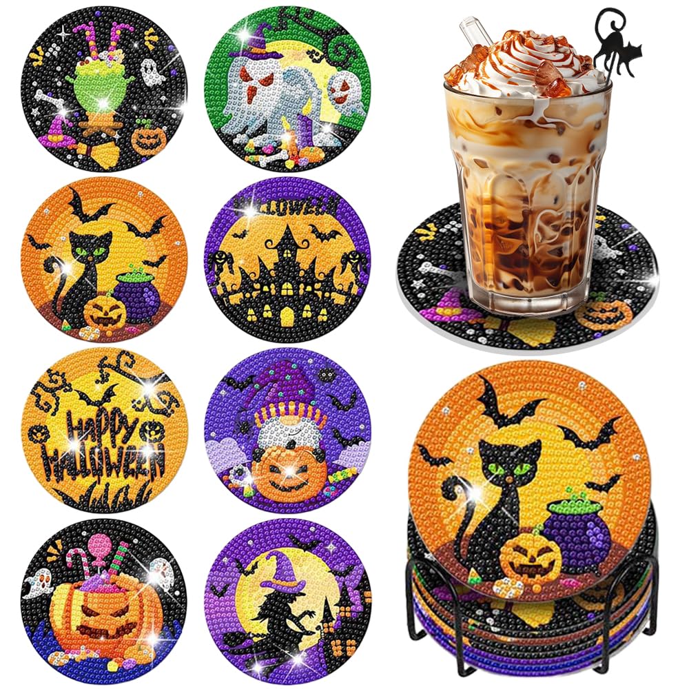 Diamond Art Halloween Coasters, Set of 8, Popular Diamond Art Kit, Coasters, Diamond Beads, DIY Kit, Beginner's, Halloween Decoration, Gift for Kids
