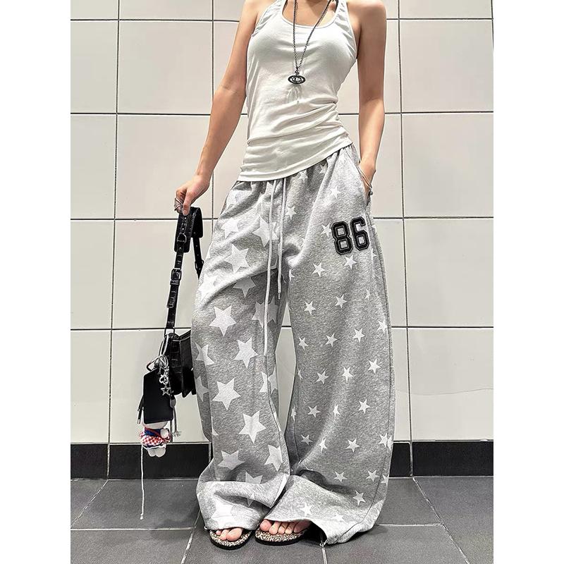 Retro Y2k Star Printed Sports Pants Women Autumn Winter High Street Hip-hop Loose Casual Gray Wide Leg Pants