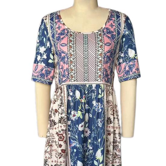 Summer Lady Dress Pleated Ethnic Style Print A-line Loose Hem Side Pockets Round Neck Soft Bohemian Short Sleeves Mid-calf Length Women Daily