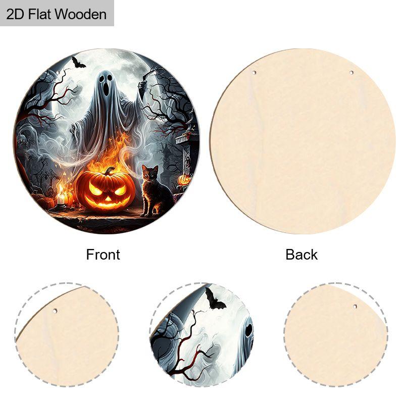 Halloween Ghost Black Cat Pumpkin Round Wooden Hanging Sign, 2D Flat Printed Front Door Decor, Full Moon Bat Cemetery Wall Ornament Gift