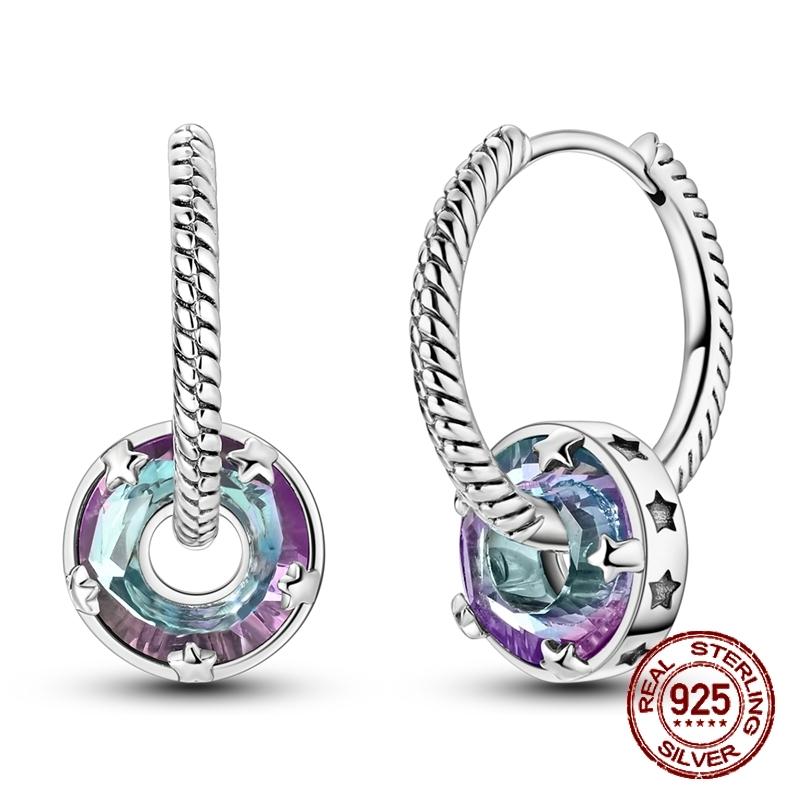 925 Sterling Silver Twisted Rope Huggie Hoop Earrings for Women Star Setting Purple Blue CZ Dangle Earrings Jewelry Trendy Gift