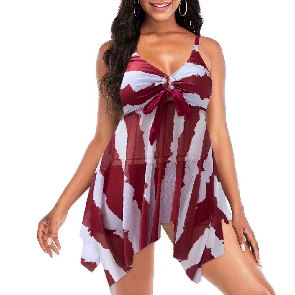 European and American Women's Swimwear Multi-color Printed Skirt Split Large Size High Waist Briefs Swimsuit