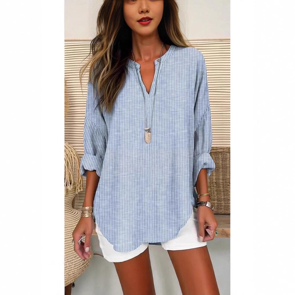 Women's Henley V Neck Long Sleeve Loose Solid Linen Blend Tunic Top Plus Size Casual Blouse
