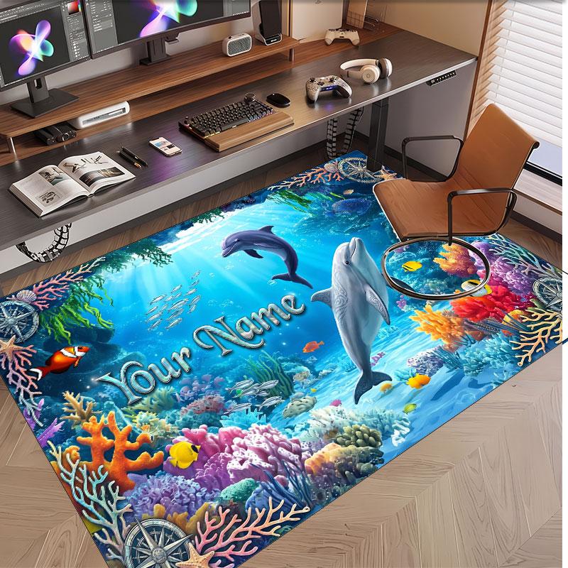 Fish Ocean Theme Soft Crystal Velvet Rug Custom Name & Text Print Non Slip Floor Rug for Bedroom Living Room