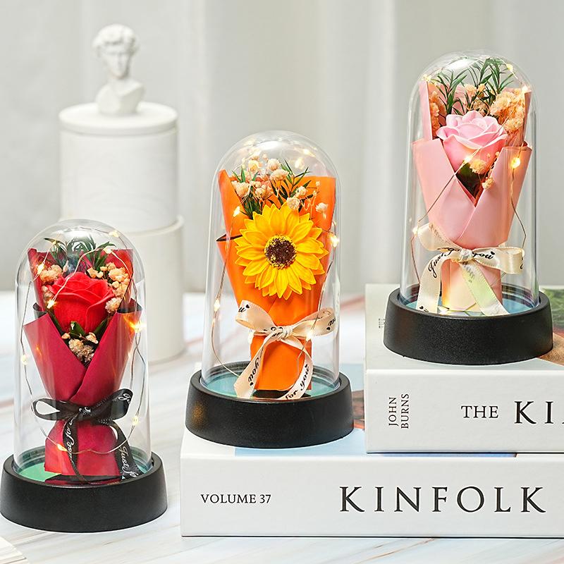 1 Set Valentine'S Day Christmas Home Decor Gift Everlasting Rose Led Acrylic Dome Bouquet Romantic Illuminated Ornament