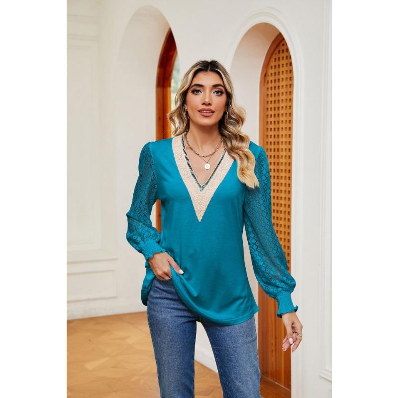 YYFS Women's Fashion Casual Spring Fall Solid Color Print Long Sleeve V-Neck Blouses & Shirts