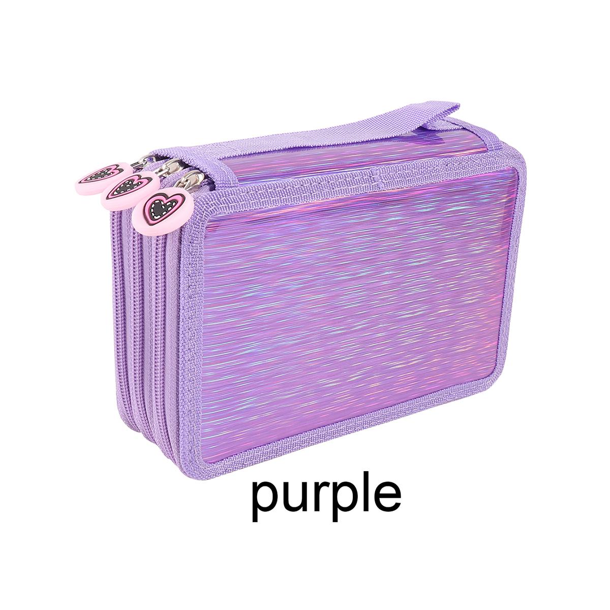 Creative heart-shaped zipper sparkling three-layer pencil case, large-capacity portable pencil case, art student pencil storage