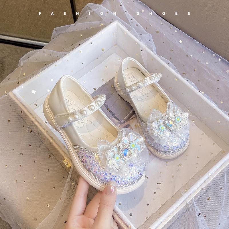 Girls leather shoes children's princess crystal shoes 2025 autumn new girls casual shoes rhinestone girls performance shoes