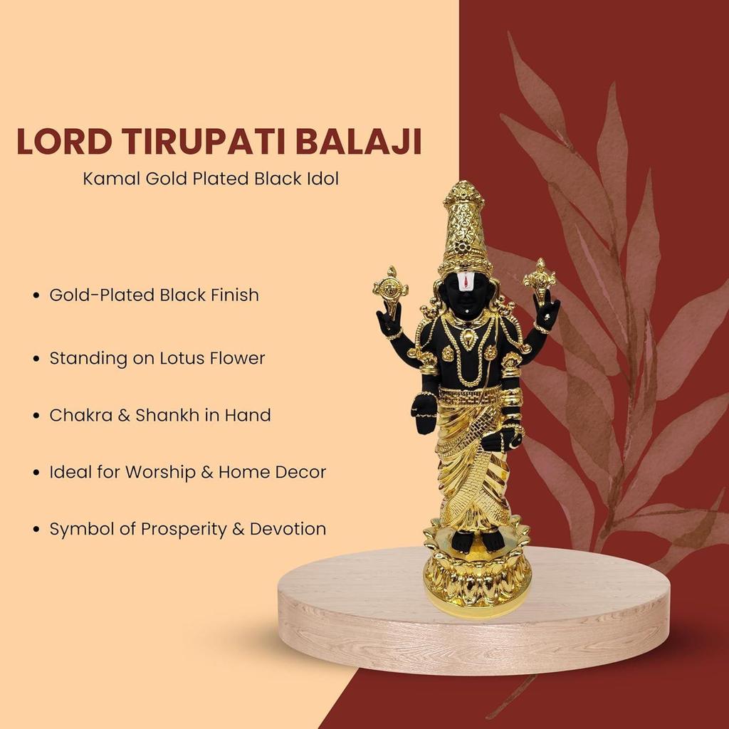 Lord Tirupati Balaji Kamal Gold Plated Black Idol for Mandir Pooja | Vishnu Ji Idol for Diwali Decor |