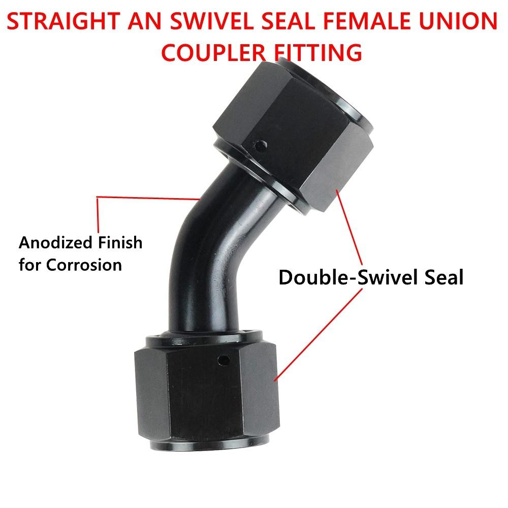 AN4/AN6/AN8/AN10 Unión Hembra a Hembra Recta 0°/45°/90° Grados Adaptadores de Racor Giratorio para Extremo de Manguera Aluminio Anodizado Negro