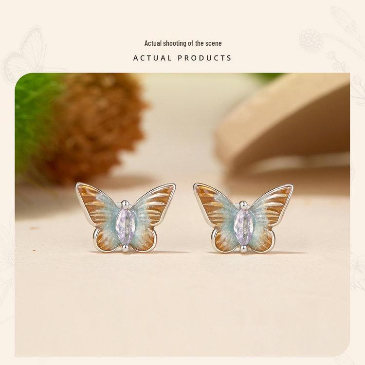 Silver Gradient Oil Drop Butterfly Earrings, S925 Sterling Silver Fashion Jewelry