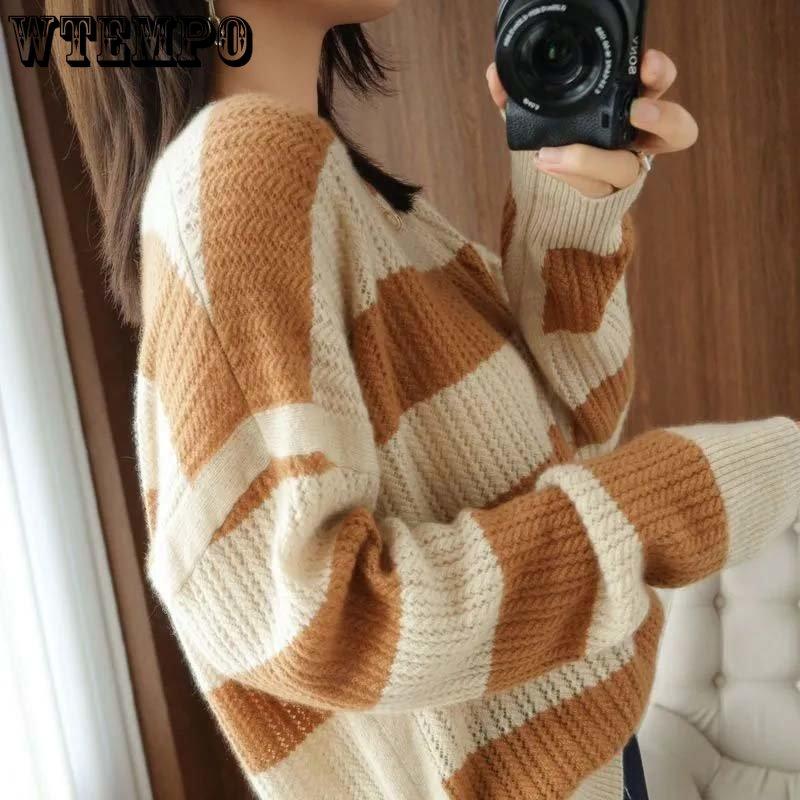 WTEMPO Lockere Pullover Streifen Damen Strickpullover Rundhals Langarm Oberteil Harajuku Büro Dame Lässig Unterhemd